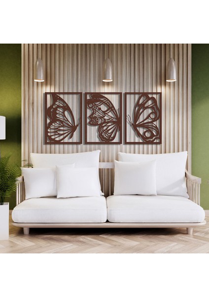 Kelebekler Üçlü Metal Duvar Tablosu - 57X130, Bakır