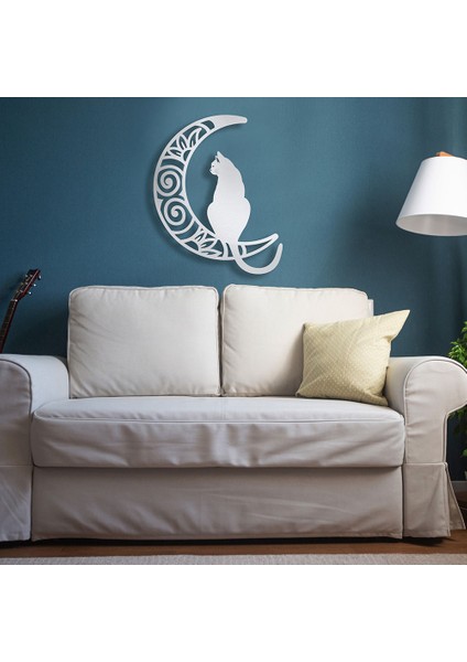 Ay ve Kedi Metal Duvar Tablosu - 81X99, Beyaz