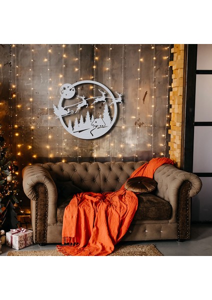 Çerçeveli Noel Baba ve Geyikler Metal Duvar Tablosu - 84X99, Beyaz