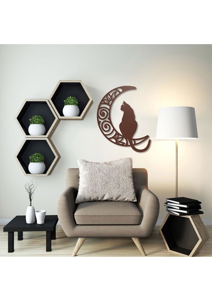 Ay ve Kedi Metal Duvar Tablosu - 40X49, Bakır