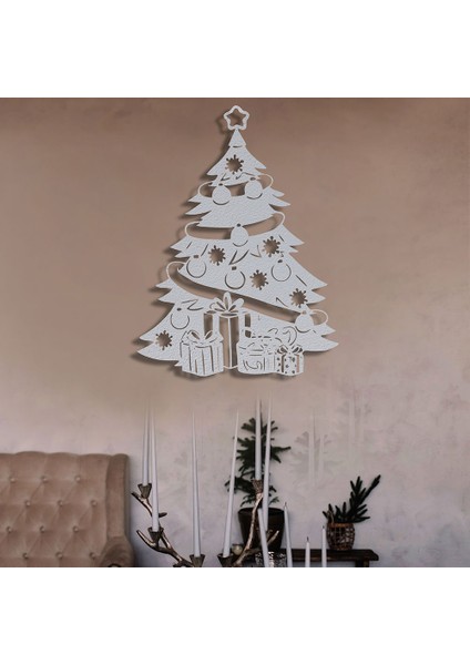 Yılbaşı Ağacı Metal Duvar Tablosu - 84X99, Beyaz