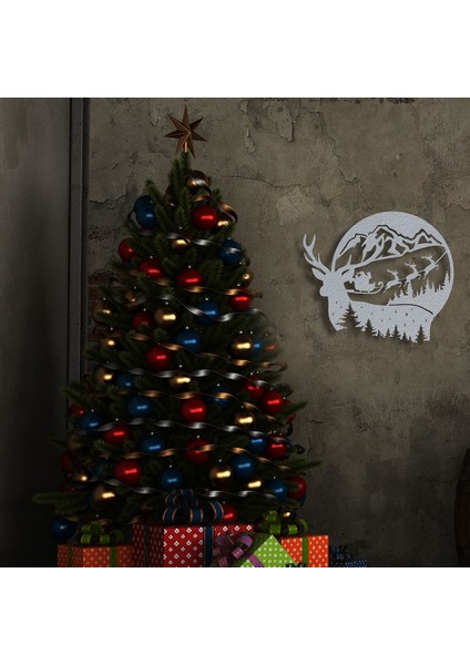 Geyik ve Noel Baba Metal Duvar Tablosu - 87X99, Beyaz