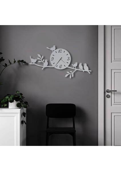 Kuşlar Metal Duvar Saati - 37X69, Beyaz