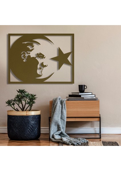 Atatürk ve Ay-Yıldız Metal Duvar Tablosu - 27X49, Altın Sarısı