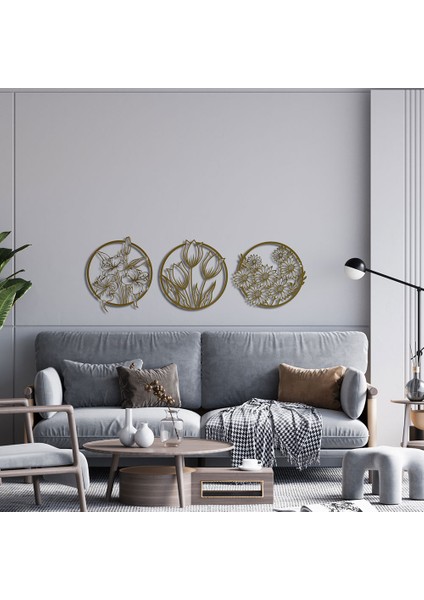 Çelenk Çiçekler Üçlü Metal Duvar Tablosu - 42X120, Altın Sarısı