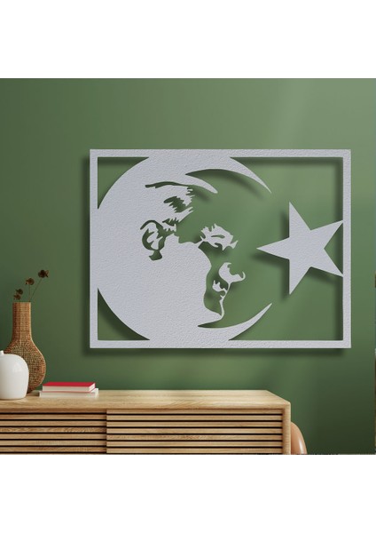 Atatürk ve Ay-Yıldız Metal Duvar Tablosu - 75X99, Beyaz