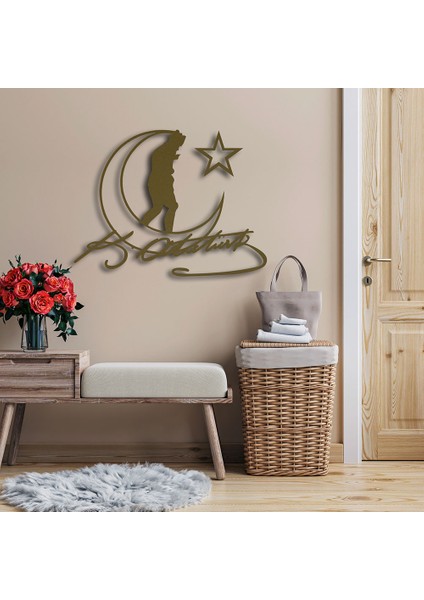 Atatürk, Bayrak ve Imza Metal Duvar Tablosu - 75X99, Altın Sarısı