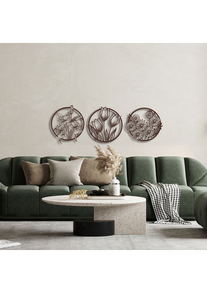 Çelenk Çiçekler Üçlü Metal Duvar Tablosu - 33X94, Bakır