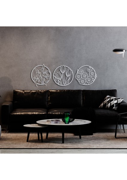 Çelenk Çiçekler Üçlü Metal Duvar Tablosu - 33X94, Beyaz