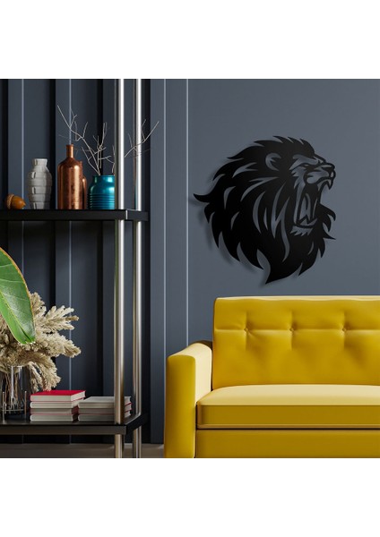 Kükreyen Aslan Metal Duvar Tablosu - 48X49, Siyah