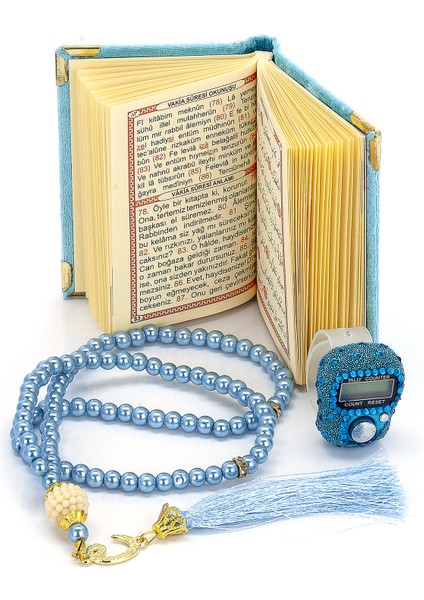 Taşlı Zikirmatik - Mini Kadife Yasin - Inci Tesbihli Hediyelik Set - Mavi Renk modelleri