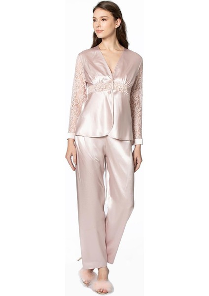 Kadın Saten Dantelli Pijama Takımı 1121 Pudra modelleri