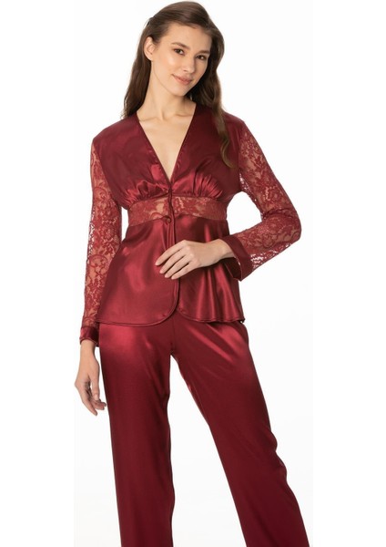 Saten Dantelli Pijama Takımı - 1121 Bordo fiyatları