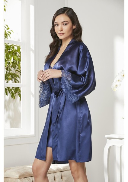 Saten Dantelli Gecelik & Sabahlık Takım - 4250 Lacivert