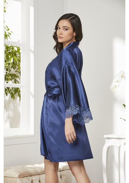 Saten Dantelli Gecelik & Sabahlık Takım - 4250 Lacivert