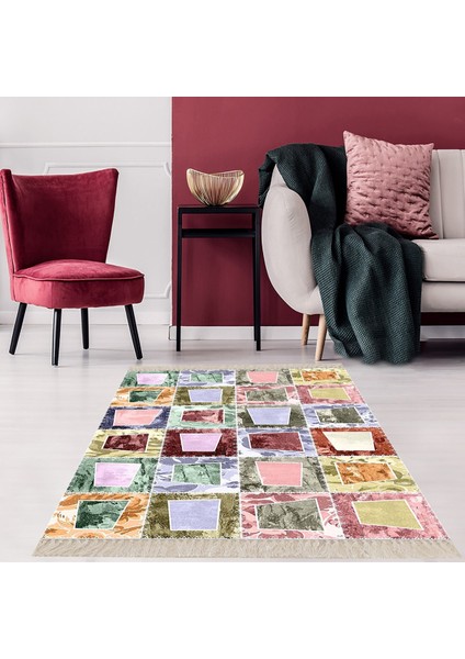 Kırkyama Patchwork Desenli Etnik Dijital Baskı Yıkanabilir Kaymaz Taban Salon Halı ve Yollu