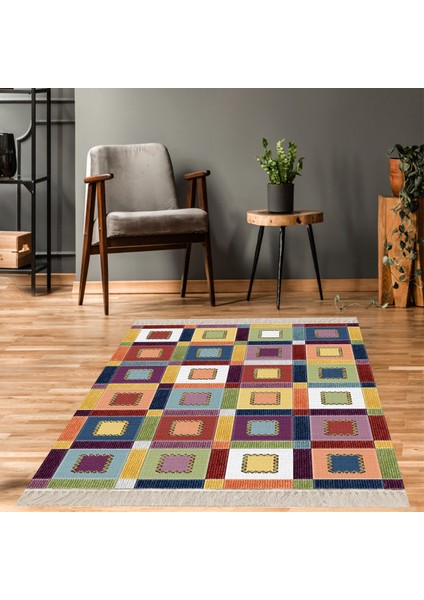 Kırkyama Patchwork Desenli Etnik Dijital Baskı Yıkanabilir Kaymaz Taban Salon Halı ve Yollu