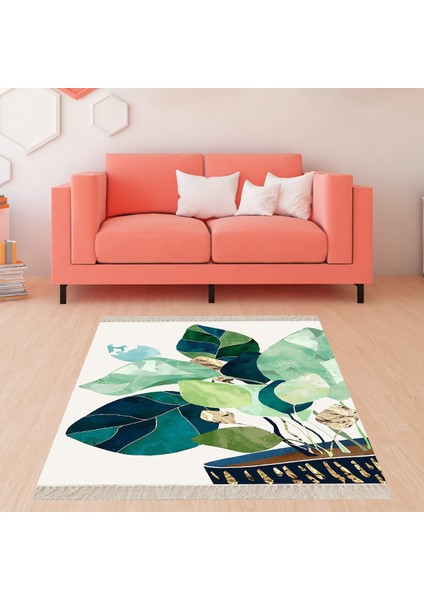Yaprak Desenli Dijital Baskı Yıkanabilir Kaymaz Taban Modern Salon Halısı Yolluk