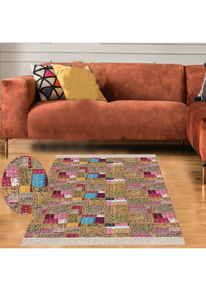Kırkyama Patchwork Desenli Etnik Dijital Baskı Yıkanabilir Kaymaz Taban Salon Halı ve Yollu
