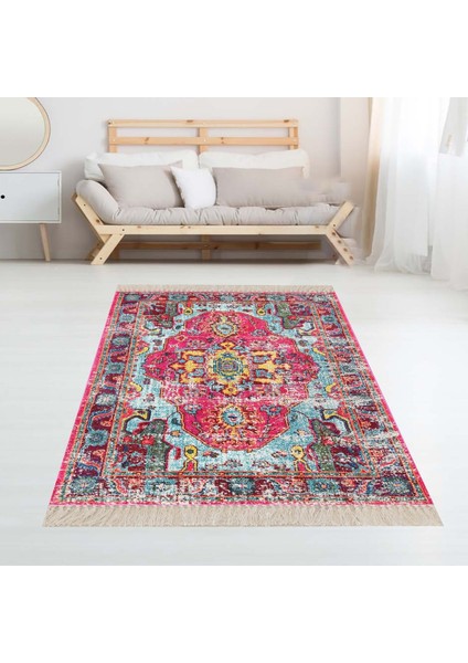 Osmanlı Motifler Desenli Etnik Dijital Baskı Yıkanabilir Kaymaz Taban Eskitme Salon Halı ve Yolluk