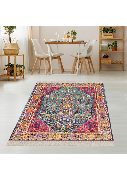Osmanlı Motifler Desenli Etnik Dijital Baskı Yıkanabilir Kaymaz Taban Eskitme Salon Halı ve Yolluk