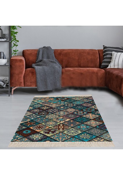 Kilim Desenli Etnik Dijital Baskı Yıkanabilir Kaymaz Taban Eskitme Salon Halı ve Yolluk