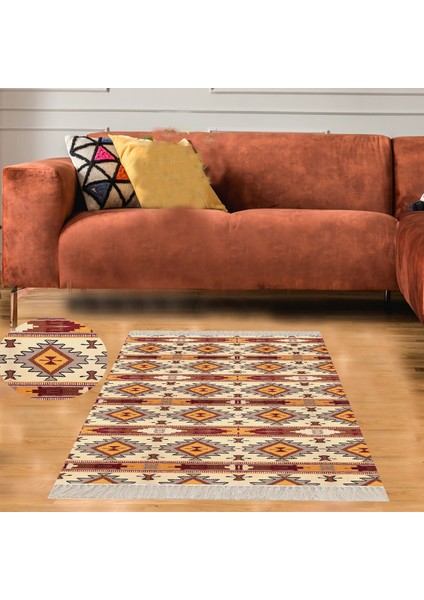 Bona Fortuna Kilim Desenli Etnik Dijital Baskı Yıkanabilir Kaymaz Taban Modern Salon Halı ve Yolluk