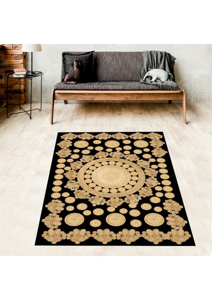 Jüt Hasır Kilim Görünümlü Dijital Baskılı Kaymaz Taban Yıkanabilir Modern Salon Halısı ve Yolluk