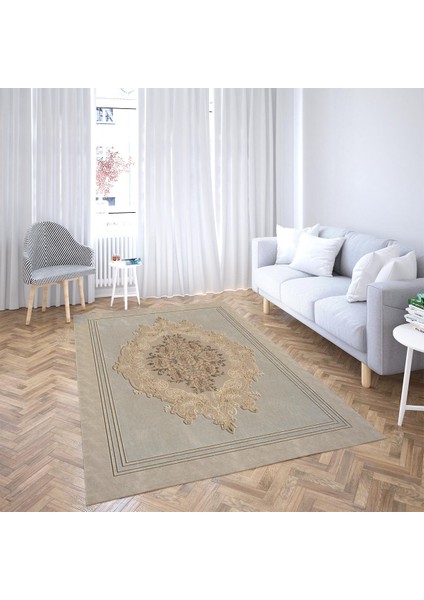 Osmanlı Desen Çerçeveli Dijital Baskı Yıkanabilir Kaymaz Taban Klasik Salon Halısı ve Yolluk