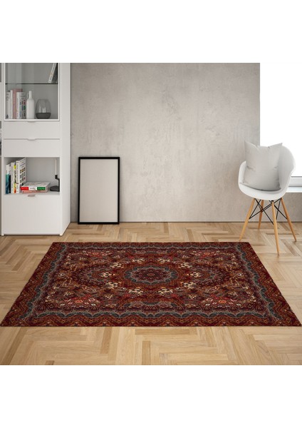 Osmanlı Desen Çerçeveli Dijital Baskı Yıkanabilir Kaymaz Taban Klasik Salon Halısı ve Yolluk