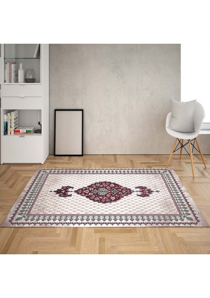 Osmanlı Desen Çerçeveli Dijital Baskı Yıkanabilir Kaymaz Taban Klasik Salon Halısı ve Yolluk