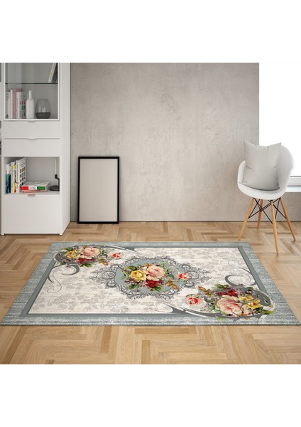 Gül Desen Çerçeveli Dijital Baskı Yıkanabilir Kaymaz Taban Vintage Salon Halısı ve Yolluk