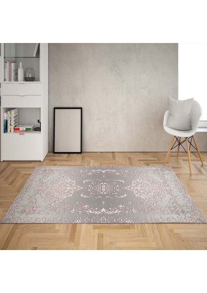 Osmanlı Desen Çerçeveli Dijital Baskı Yıkanabilir Kaymaz Taban Klasik Salon Halısı ve Yolluk (Gri)