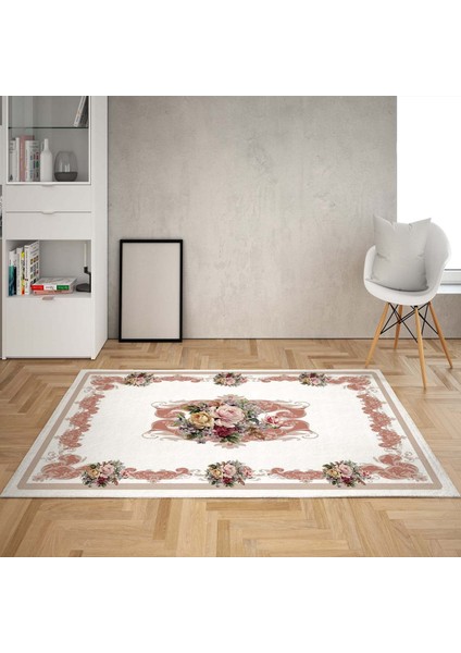 Gül Desen Çerçeveli Dijital Baskı Yıkanabilir Kaymaz Taban Vintage Salon Halısı ve Yolluk
