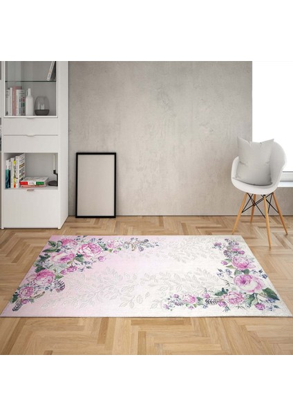 Gül Desen Çerçeveli Dijital Baskı Yıkanabilir Kaymaz Taban Vintage Salon Halısı ve Yolluk