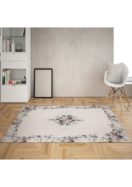 Çiçek Desenli Çerçeveli Dijital Baskı Yıkanabilir Kaymaz Taban Vintage Salon Halısı ve Yolluk