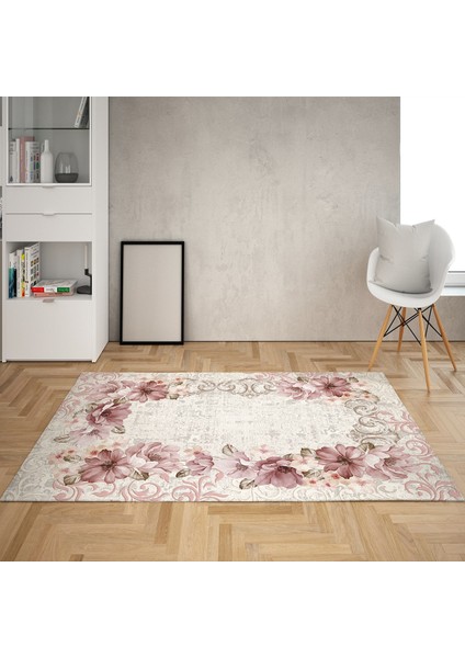 Çiçek Desenli Çerçeveli Dijital Baskı Yıkanabilir Kaymaz Taban Vintage Salon Halısı ve Yolluk
