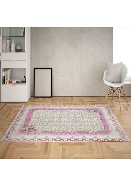 Çiçek Desenli Çerçeveli Dijital Baskı Yıkanabilir Kaymaz Taban Vintage Salon Halısı ve Yolluk