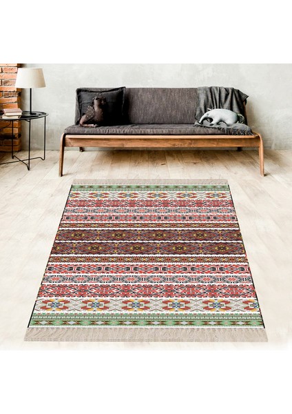 Kilim Desenli Renkli Dijital Baskı Yıkanabilir Kaymaz Taban Leke Tutmaz Etnik Salon Halısı ve Yolluk