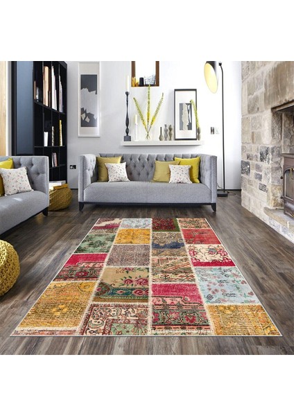 Patchwork Çiçek Desenli Yıkanabilir Kaymaz Taban Leke Tutmaz Modern Salon Halısı ve Yolluk