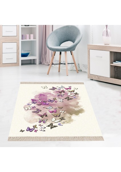 Kelebek Desenli Dijital Baskı Yıkanabilir Kaymaz Taban Vintage Salon Halı ve Yolluk