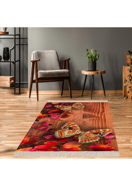 Kelebek Desenli Dijital Baskı Yıkanabilir Kaymaz Taban Vintage Salon Halı ve Yolluk
