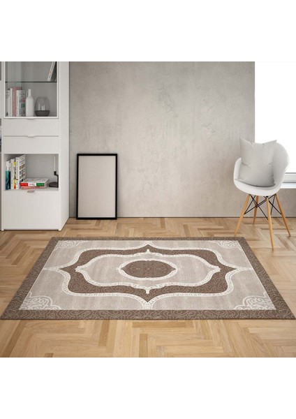 Osmanlı Desen Çerçeveli Dijital Baskı Yıkanabilir Kaymaz Taban Klasik Salon Halısı ve Yolluk (Kahve)