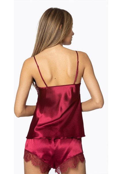 Saten Dantelli 3'lü Şort & Kombi & Sabahlık Takım 2490 Bordo modelleri