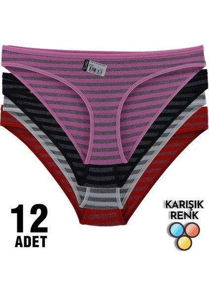 12'li Paket Tutku 0538 Irmak Çizgili Bayan Elastan Bikini Külot