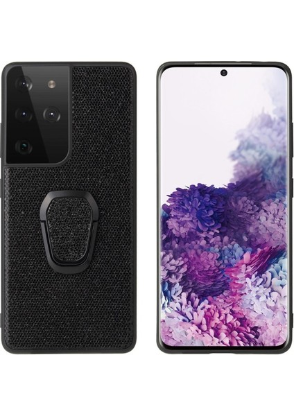 Galaxy S21 Ultra 5g Için Halkalı Standlı Pu Deri Kaplamalı Telefon Kılıfı - Işıltılı (Yurt Dışından)