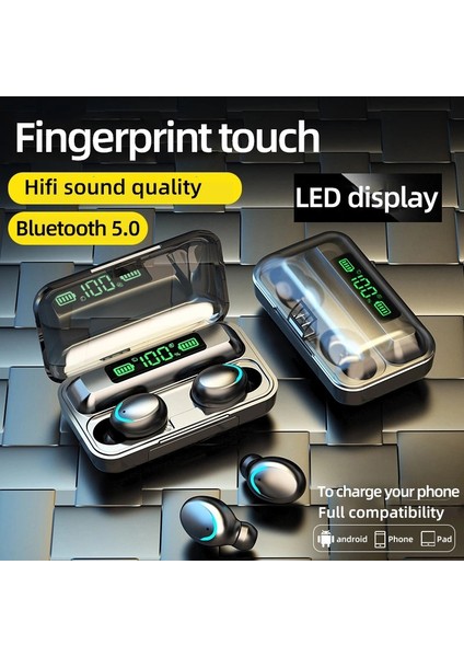 F9-5c LED Işık + Dijital Ekran Bluetooth Kulaklık Siyah