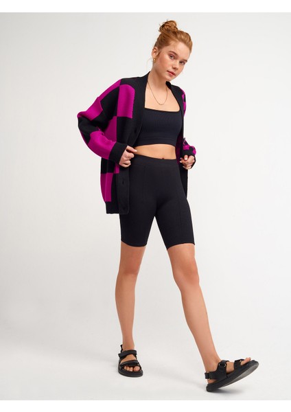 60127 V Yaka Ekose Desenli Triko Hırka-S.ahududu