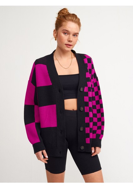 60127 V Yaka Ekose Desenli Triko Hırka-S.ahududu fiyatları