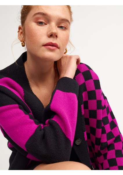 60127 V Yaka Ekose Desenli Triko Hırka-S.ahududu fırsatları